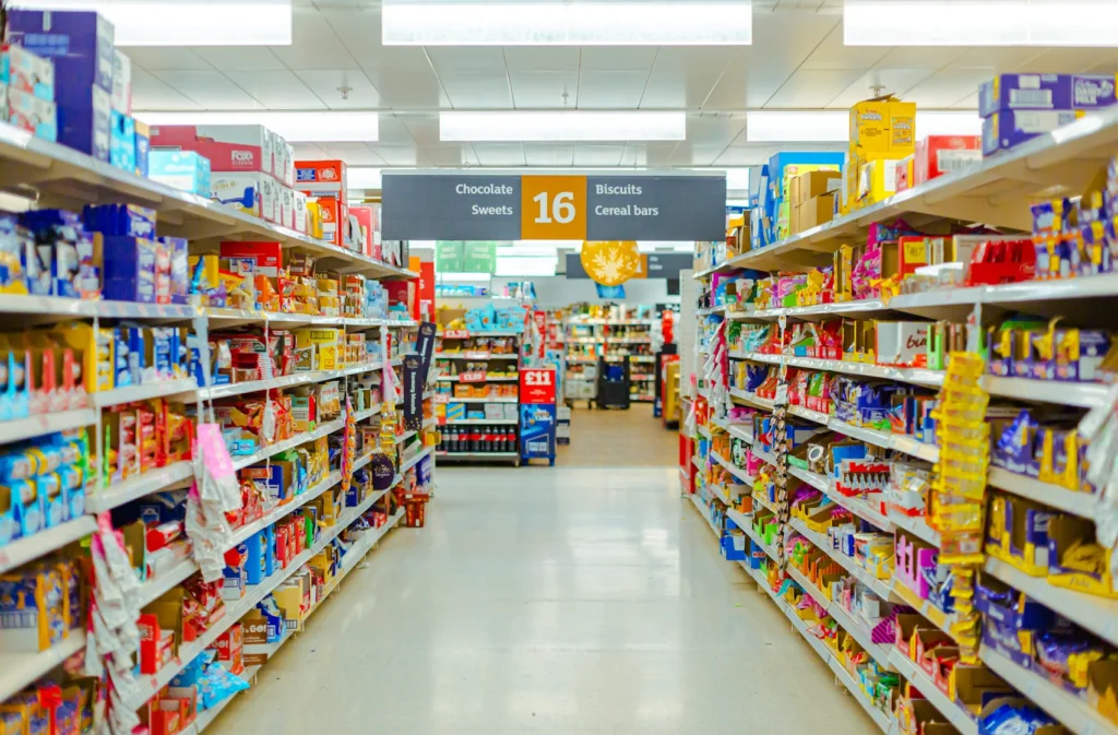A well-stocked aisle in a large supermarket.